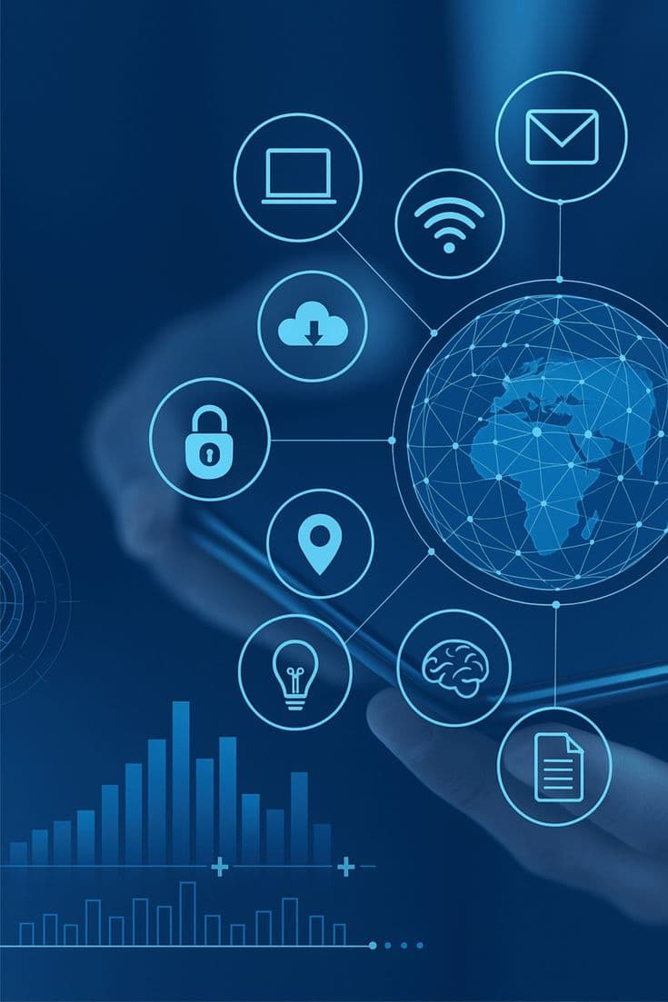 Connected technology stack — laptop, cloud, security, location, AI brain, and document nodes networked around a digital globe.